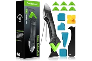 Caulking Tool 6 in 1 Silicone Caulking Grout Removal Sealant Finishing Tool with Grout Scraper, 6 Exchange Silicone Pads, Adh