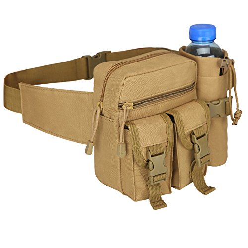 Tactical Fanny Pack, Hoanan Military Waist Pack Pouch With Water Bottle Pocket Holder Hip Belt Bag Outdoor Molle Pack for Hiking Camping Hunting Fishing Traveling (khaki)