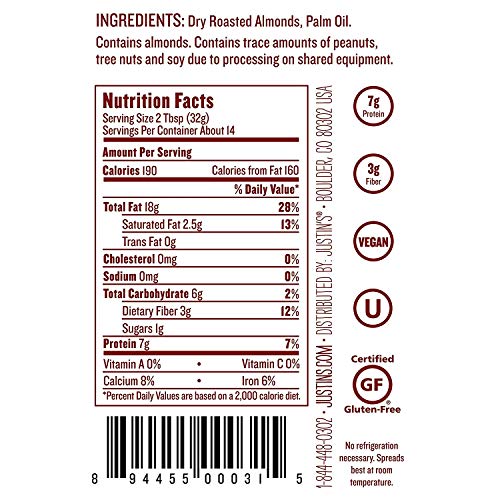 Justin's Classic Almond Butter, Only Two Ingredients, No Stir, Gluten-free, Non-GMO, Keto-friendly, Responsibly Sourced, 16oz Jar, 2 Pack