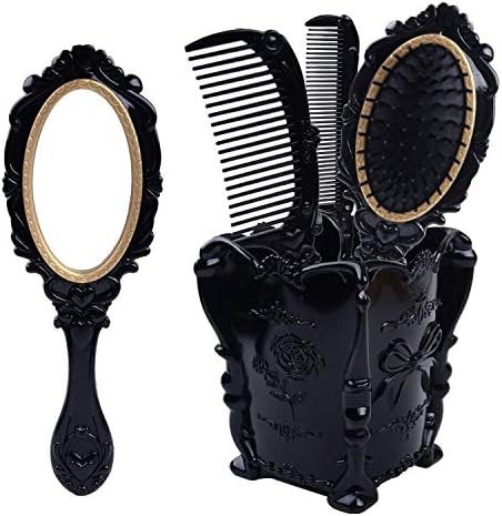 Wizme Combo Set Of 5 Pcs Comb Set With Box Holder For Women And Girls Antique Combs With Compact Mirror (Black) Pack Of 1