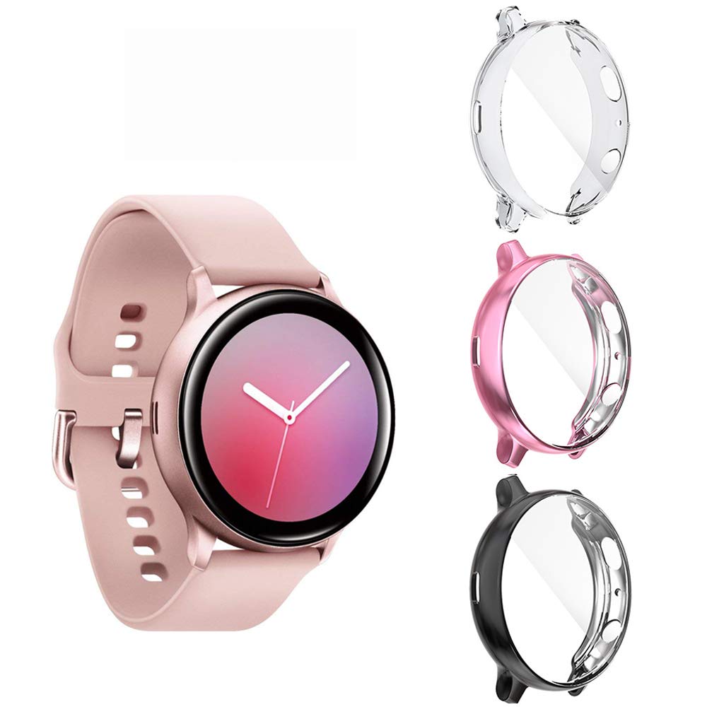 Diruite 3-Pack for Samsung Galaxy Watch Active 2 44mm Screen Protector Case, Soft Plated TPU All-Around Protective Bumper Cover Case for Samsung Active2 44mm (Not Fit for 40mm)-Clear+Pink+Black