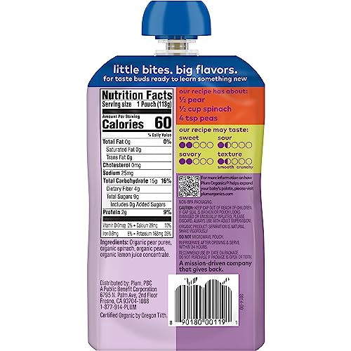 PLUM ORGANICS STAGE 2, ORGANIC BABY FOOD, PEAR, SPINACH, AND PEA, 4 OUNCE, NEW LOOK, PACKAGING MAY VARY.