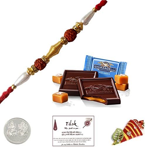 Bundle Set of Double Rudraksh Rakhi with 2 Piece Ghirardelli Chocolates with Laxmi Ganesh Coin - Exact Designs will be sent