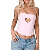 Fuimsul Women Sexy Heart Cut Out Crop Tube Top Summer Y2k Skinny Sleeveless Backless Zipper Back Cropped Strapless Tank
