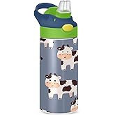 YETTASBIN Cute Cow Water Bottle for Kids, 12 oz Leakproof Double Walled Insulated Stainless Steel Water Bottle Travel Tumbler with Straw Lid for Girls Boys Toddlers