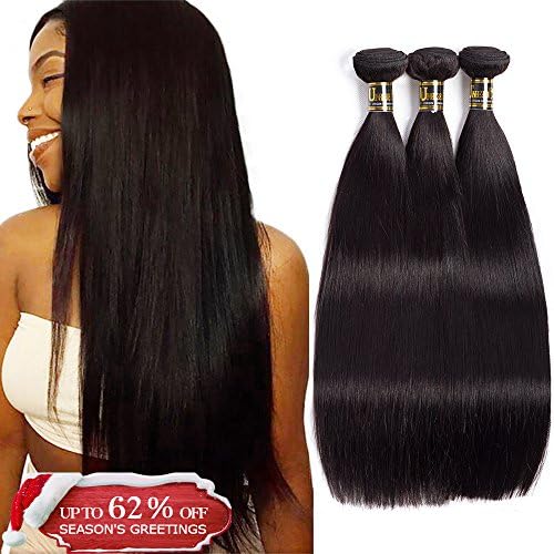Uneed Hair 10A Brazilian Straight Hair Bundles with Frontal (16 18 20with14free part) Brazilian Hair Weave Bundles with Lace Frontal Unprocessed Human Hair Bundles Natural Black