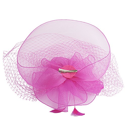 Lusiyu Fashion Women's Flower Feather Mesh Net Fascinator Hat (Rose red) - Thumbnail 3