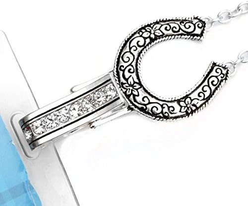 Antiqued Silver Horseshoe with Crystals and Eyeglass Holder: Lanyard Chain Necklace with ID/Badge/Card Holder (+Bonus Pouch)
