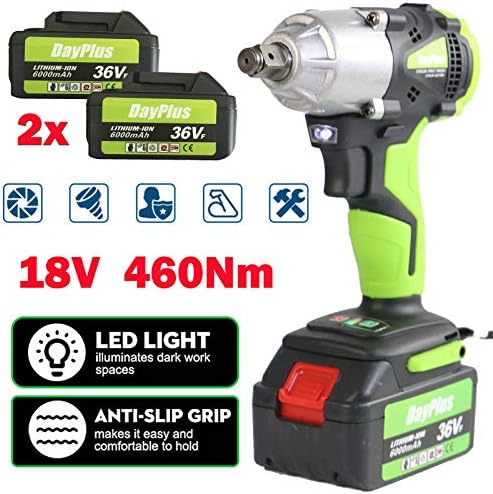 Cordless Impact Wrench 1/2 Inch 460Nm High Torque 18V 2Pcs 6000mAH Li-Ion Batteries with 4 Sockets Fast Charger and Carry Case Hand Tool Combo Kit LED Light Variable Speed Trigger, 5 Year Warranty