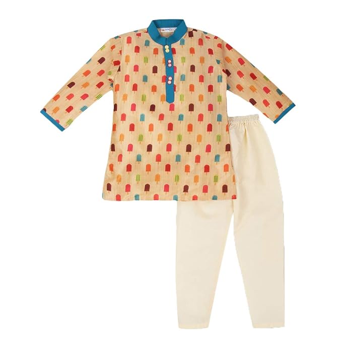 Asthetika by Hopscotch Baby Boys Cotton Ice-Cream Print Kurta Pyjama Set in Multi Color