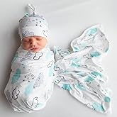 SINCERELY COZY Luxury Rayon from Bamboo Hat & Baby Swaddle for Newborns 0-3 Months, Dreamy Clouds Newborn Swaddle Blanket for Baby Boys & Girls, Hypoallergenic, Breathable & Buttery Soft