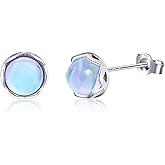 Small 925 Sterling Silver/14K Gold Pltaed Rainbow Moonstone Stud Earrings for Women Tiny Moonstone Birthstone Earrings Gemstone Jewelry for Daily