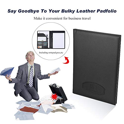 Leather Portfolio Folder Padfolio for Business School Office Conference Presentation Interview, Leather Resume Padfolio Folder Organizer for Men Women with Notepad and Pen - Thumbnail 4