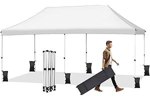 RHOLUTA 10x20 Pop Up Canopy Tent, Durable Ez Up Outdoor Instant Canopy, 500D Waterproof Commercial Tent with 3 Adjustable Height, Roller Bag, 8 Stakes, 6 Sand Bags and 4 Ropes