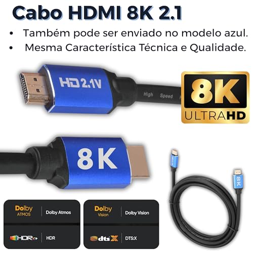 CABO HDMI 8K • 2.1 UHD • 144Hz • MTS • 3D, 48 GBPS, HDR, TV • Games em geral • Conector Banhado Ouro • 1,5 Metros • Premium