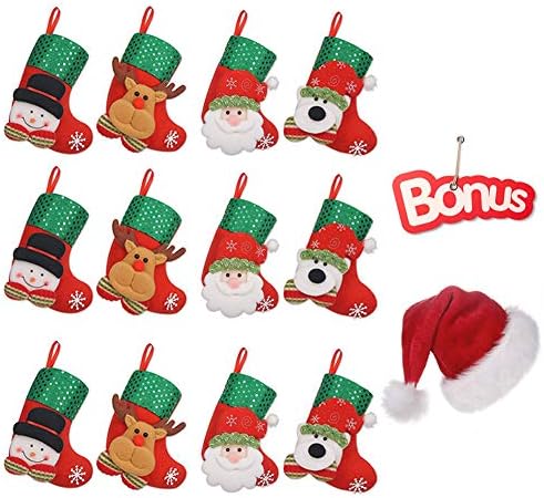 12 Pcs Mini Christmas Stockings with A Christmas Hat , 3D Santa Snowman Silverware Holders, Little Christmas Stockings Gift and Treat Bags Christmas Hanging Socks for Xmas Tree, Home, Garden Decor