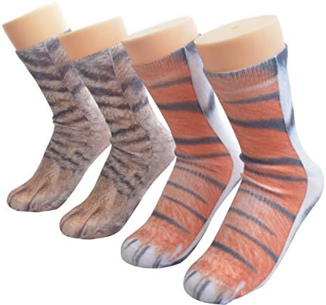 2Pack Unisex Funny Animal Paw Print Crew Socks for Womens Mens Gift (Cat and Tiger),Cat and Tiger,Medium