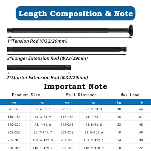 Aiitomg Curtain Rod No Drilling 400cm Long Curtain Rod 4m Length Shower Rod No Drilling Extendable for Bathroom Bedroom Black (350-405cm, Diameter 32mm)