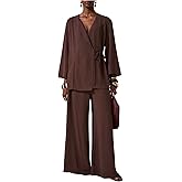 MakeMeChic Women's 2 Piece Set Wrap V Neck 3/4 Sleeve Blouse and Wide Leg Pant Business Casual Outfits