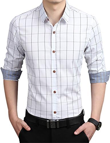 KIMIST Men's Formal Business Plaid Slim Fit Long Sleeve Dress Shirts (White, Medium)