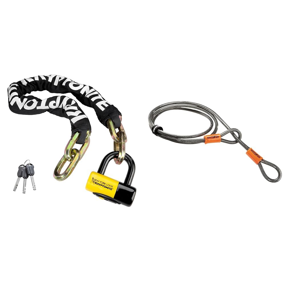 Kryptonite New York Fahgettaboutit Chain Lock - 100cm - Black/Yellow & Loop Cable Krypto Flex 213cmx10mm, Grey