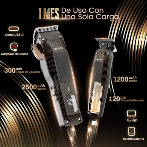 SUPRENT Cordless Man Hair Clipper, Barber Kit With High Speed Motor 7500 RPM, Adjustable Blades, Black Guide Combs And Bag, Black And Gold