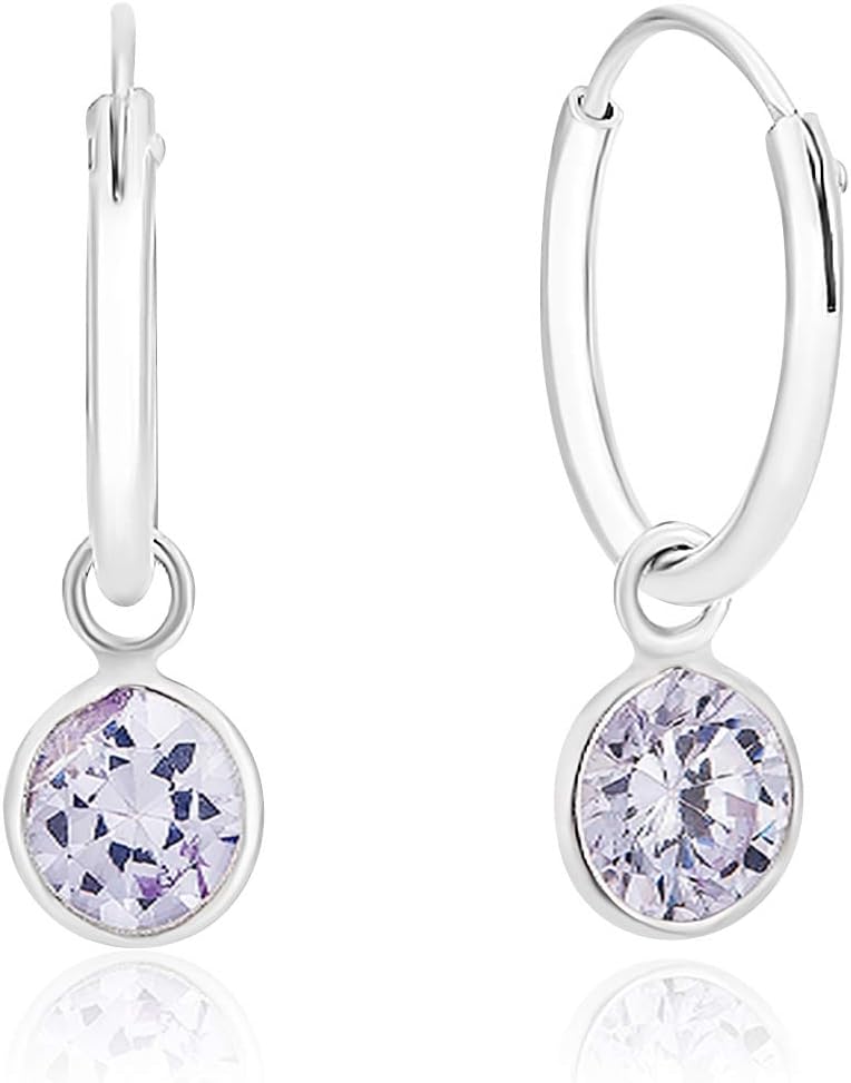925 Sterling Silver Small Hoops Earrings - Dangling Round Swarovski Crystal - Diameter 12 mm - Many Colours to choose from