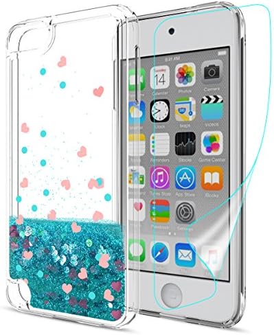 iPod Touch 6 Case,iPod Touch 5 Glitter Case With HD Screen Protector For girls,Slook [Heart Series]Liquid Glitter TPU Soft Shockproof Phone protective Cover for Apple iPod Touch 5 6th Gen LS Blue