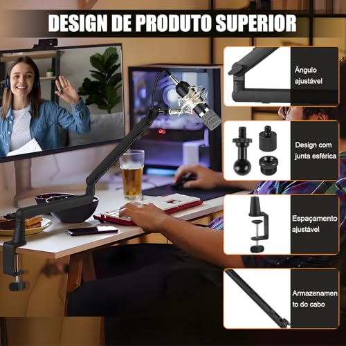 Suporte de Microfone Boom Arm, Adaptador 3/8" a 5/8", Suporte Braço de Microfone, Microphone Boom Arm, Braço Articulado Microfone, Suporte Microfone Mesa com Clipe de Montagem