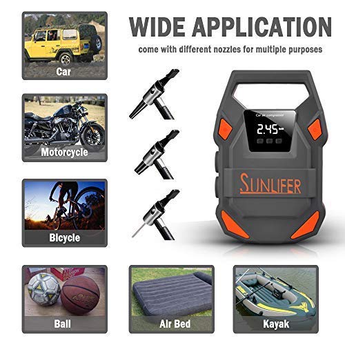 Sunlifer Digital Tire Inflator, 12V Portable Air Compressor, 150 PSI Auto Tire Pump with Bright Flashlight, SOS Emergency Light and Carry Handle for Car, Motorcycle, Bike and Other Inflatable (Orange) - Thumbnail 6