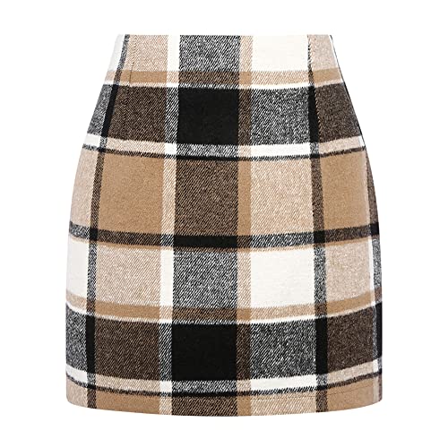 Kinghua Womens Wool Plaid Mini Skirt Fall Winter High Waisted Bodycon Pencil Skirt