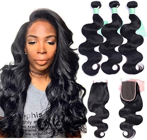 Brazilian Body Wave 3 Bundles With 4x4 Lace Closure 100% Unprocessed Brazilian Virgin Hair Bundles with Closure 16 18 20 with 16 Natural Black