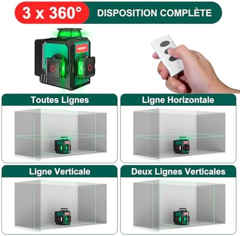 HYCHIKA Livella Laser Autolivellante 3x360°, Livello Laser con Treppiede, 2 x 3000mAh Batterie, 1 Cavo di Ricarica, 2 Borse in Tessuto e 1 Telecomando, IP54