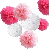 18pcs Tissue Hanging Paper Pom-poms, Hmxpls Flower Ball Wedding Party Outdoor Decoration Premium Tissue Paper Pom Pom Flowers Craft Kit (Pink& White), 8"/ 10"/ 12"