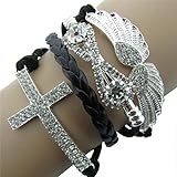 Susenstone 1PC Leather Cross Angel's Wing Rhinestone Charm Bracelet (Black)