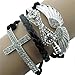 Susenstone 1PC Leather Cross Angel's Wing Rhinestone Charm Bracelet (Black)