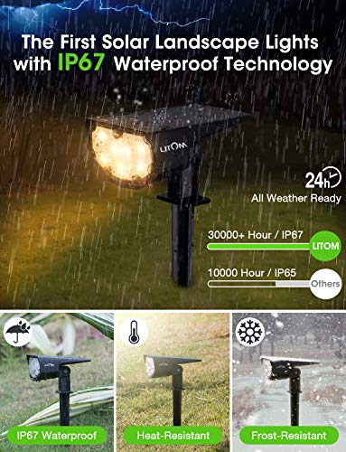 LITOM 12 LED Solar Landscape Spotlights, IP67 Waterproof Solar Powered Wall Lights 2-in-1 Wireless Outdoor Solar Landscaping Light for Yard Garden Driveway Porch Walkway Pool Patio 2 Pack Warm White - Thumbnail 3