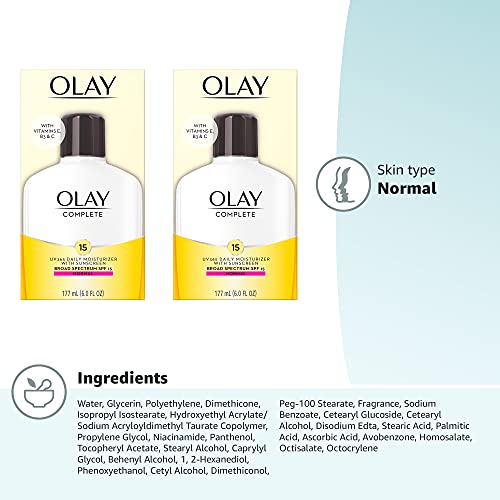 OLAY FACE MOISTURIZER COMPLETE LOTION ALL DAY DAILY FACIAL MOISTURIZING LOTION SPF 15 FOR NORMAL SKIN AND HYDRATION, OIL-FREE NON-GREASY, 6 FL OZ (PACK OF 2)