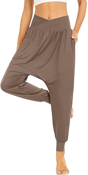TARSE WOMEN’S COMFY HAREM PANTS LOUNGE CROSSOVER HIGH WAIST YOGA JOGGERS LOOSE WORKOUT SWEATPANTS SOFT PAJAMA PANTS WITH POCKETS LIGHTCOFFEE L