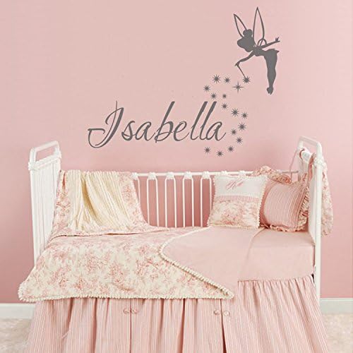 Personalized Name Wall Decal Fairy Girl Wall Art Tinkerbell Wall Decals Baby Girls Nursery Decor (Gray,28"wide)