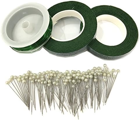 Floral Arrangement Kit 2 Pack Floral Tape Stem Wrap 1/ 2 Inch x 30 Yards (Dark Green), 40 Meters Floral Wire and 100 Pieces Ball Head Pins