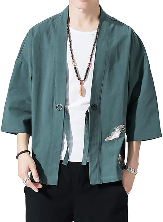 Amazon Exlura 夏服 メンズ 和式パーカー 五分袖 カーディガン コート 無地 和風 羽織 一つボタン シンプル トップス ゆったり カジュアル おしゃれ 緑04 Xl カーディガン 通販