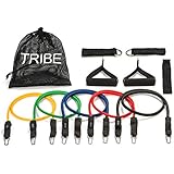 Tribe 11PC Premium Resistance Bands Set, Workout Bands - with Door Anchor, Handles and Ankle Straps - Stackable Up To 105 lbs - For Resistance Training, Physical Therapy, Home Workouts, Yoga, Pilates