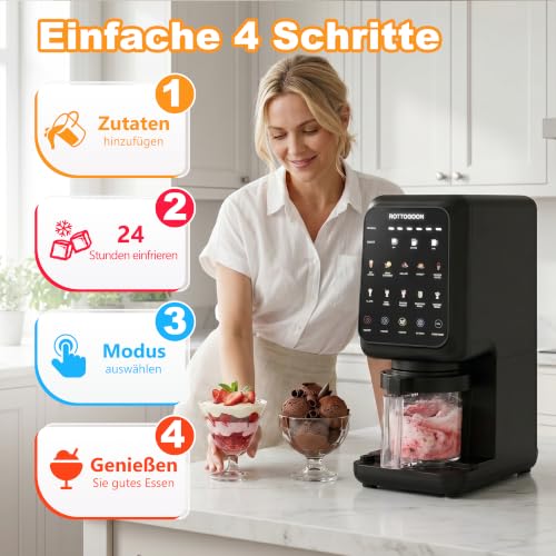 ROTTOGOON Ice Cream Maker with 3 Cups, 10 Programmes for Ice Cream, Sorbet Gelato & Frozen Yogurt, 2-in-1 Flavour Option, Soft Ice Cream Machine for Home with Mix In Function & Automatic Cleaning