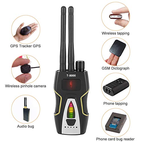 T-8000 RF Signal Detector Wireless Bug Detector Camera Lens GSM Audio Finder GPS Scan Detector Silver for Anti Eavesdropping/GPS Tracker