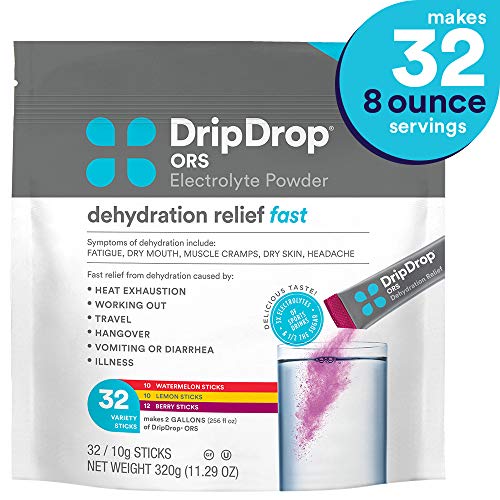 DripDrop ORS - Patented Electrolyte Powder for Dehydration Relief fast - For Heat Exhaustion, Hangover, Illness, Sweating & Travel Recovery, Variety Pack, 32Count