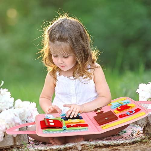 Zalmoxe Busy Board for Toddlers 1-4 Year Old - Sensory Toys with Buckles, Learning Dress Skills, Toddler Activities Travel Toys for Boys Girls (Pink)