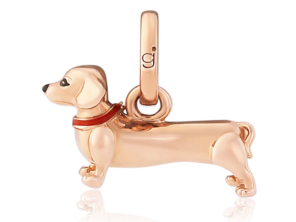 Gemma J Rose Gold Cute Designer Dachshund Dog Charm with Bespoke Red Enamel Collar Feature