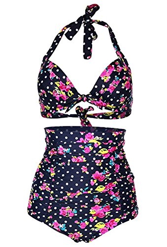 Spring Fever Retro Sexy 50s Elegant Vintage High Waist Bikini Diving Swimsuit Swimwear E Rose Pattern 3XL
