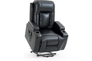 Trustyue 2024 Power Lift Recliner Chair with Heat and Massage for Elderly, Electric Recliner Chairs with Standing Assistance, 2 Cup Holders, 4 Pockets, USB Charge Port, Breathable Leather Black